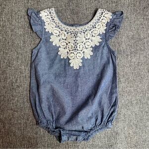 NWT Indigo Soul Kids Chambray Romper Bubble Flutter Sleeve Embroidered Lace 12M